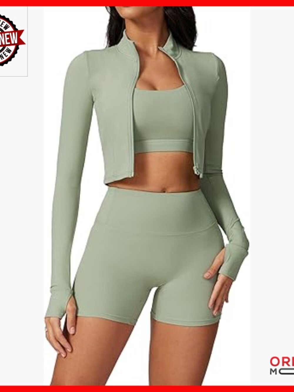 3-Piece Workout Set High Waisted Seamless Shorts Crop Top Jacket Gym Yoga